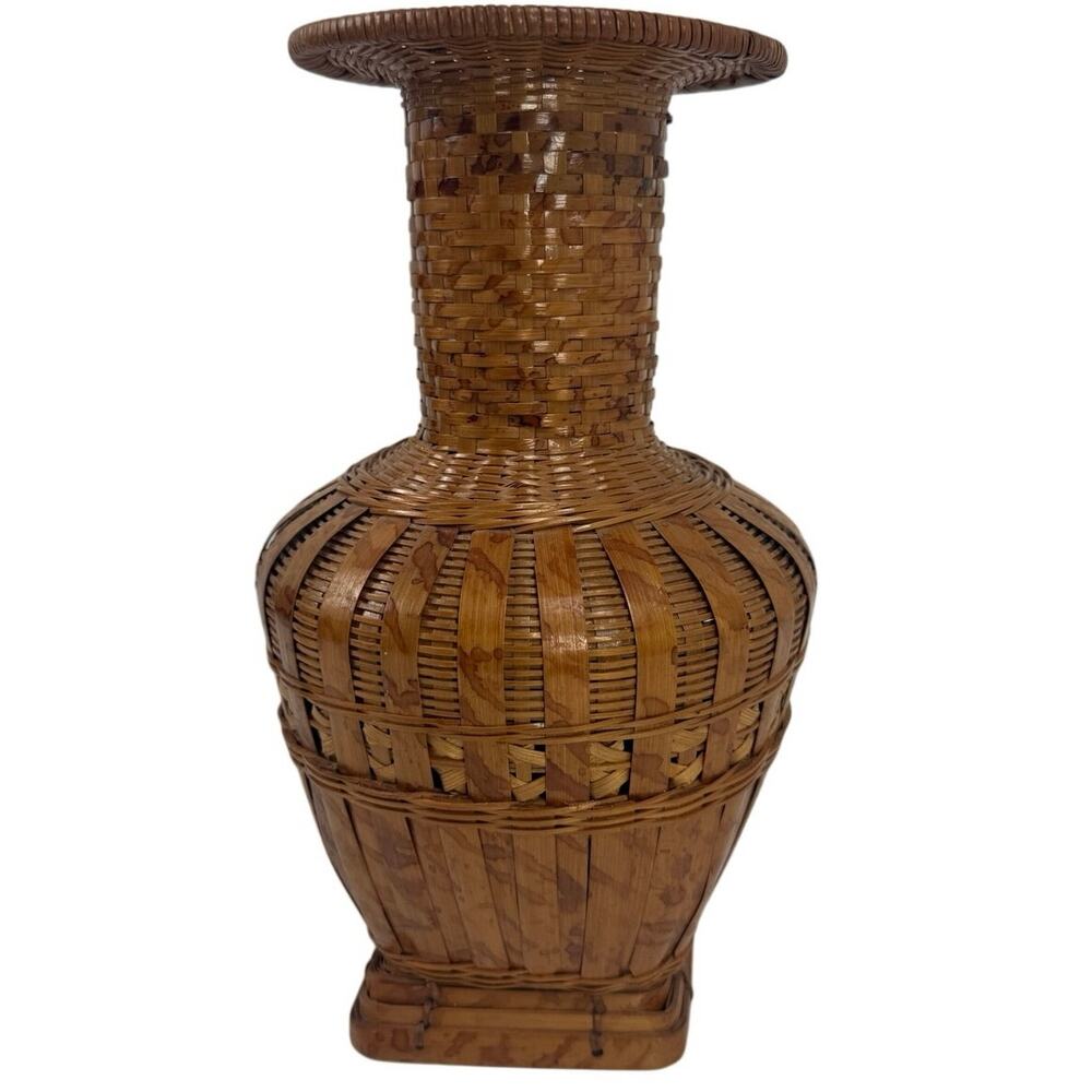 Vintage 70s Hand Woven Wicker Bamboo Bottle Vase 12" Boho MCM Decor